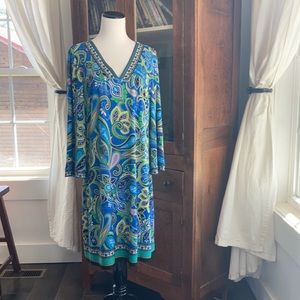 Laundry Blue/Green/Yellow Paisley Print Stretch Shift Dress, Size L